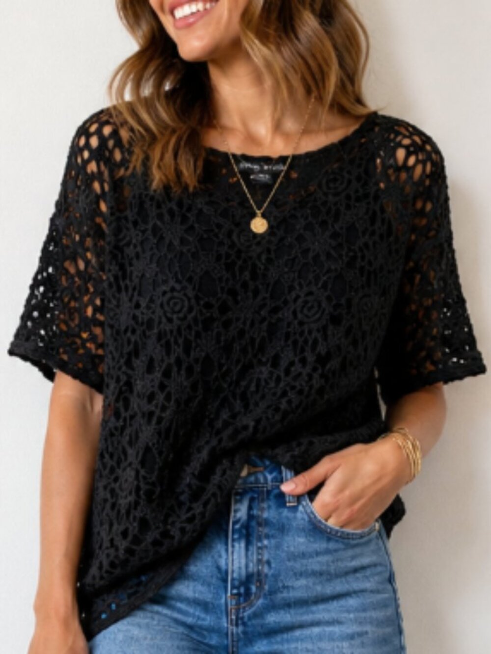 Vintage Ashleigh Morgan Black Floral Crochet Crew Neck Sweater size L